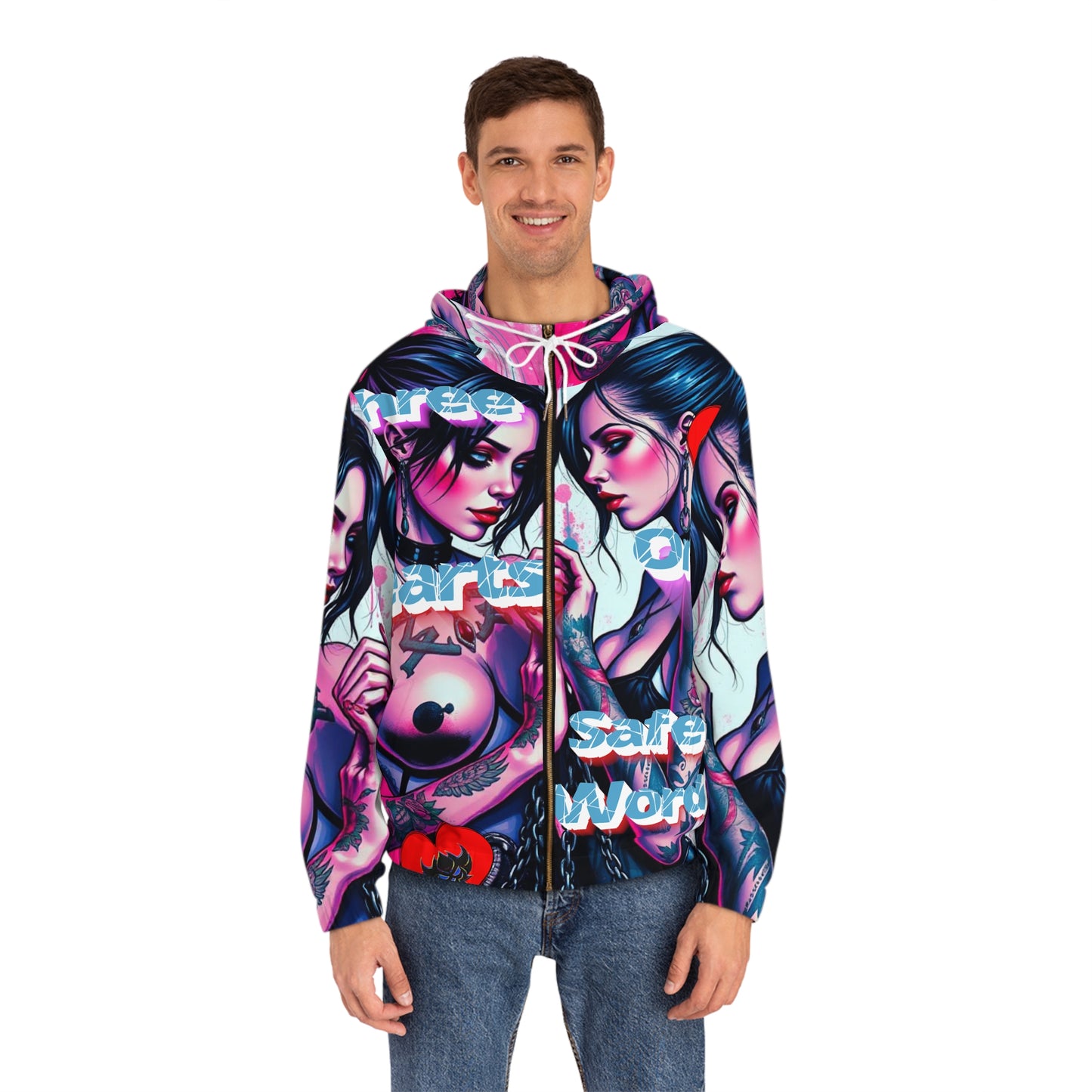 "3 Hearts" Vibrant Tattoo Art Full-Zip Hoodie for Bold Style