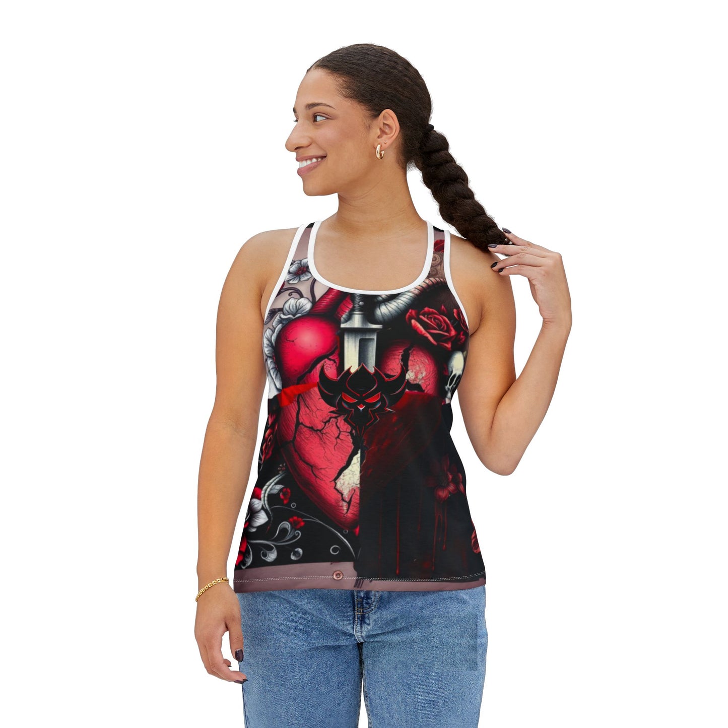 "Tangled Hearts" Edgy Women's Tank Top with Heart and Skull Design - Perfect for Rock Lovers