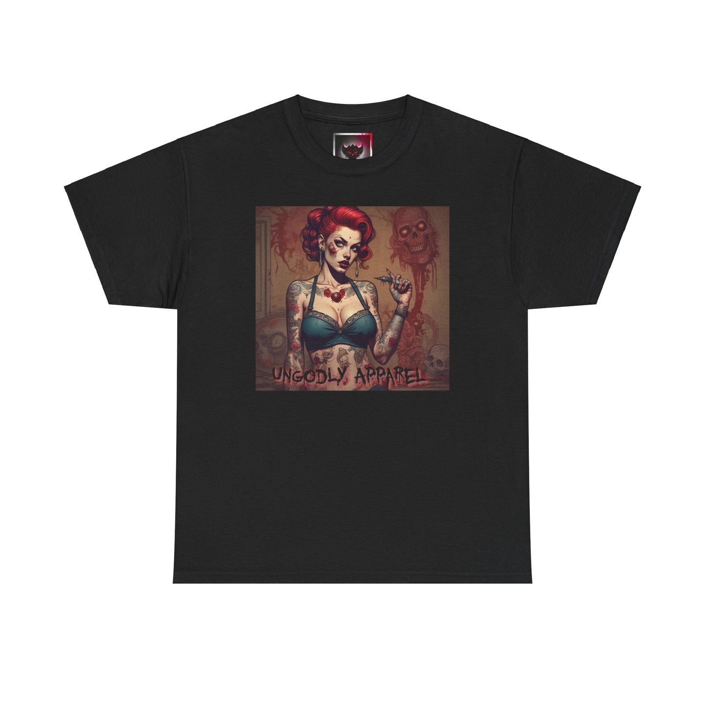 Gothic Zombie Girl Tattoo Print Unisex Heavy Cotton T-Shirt - Perfect for Alternative Fashion Lovers