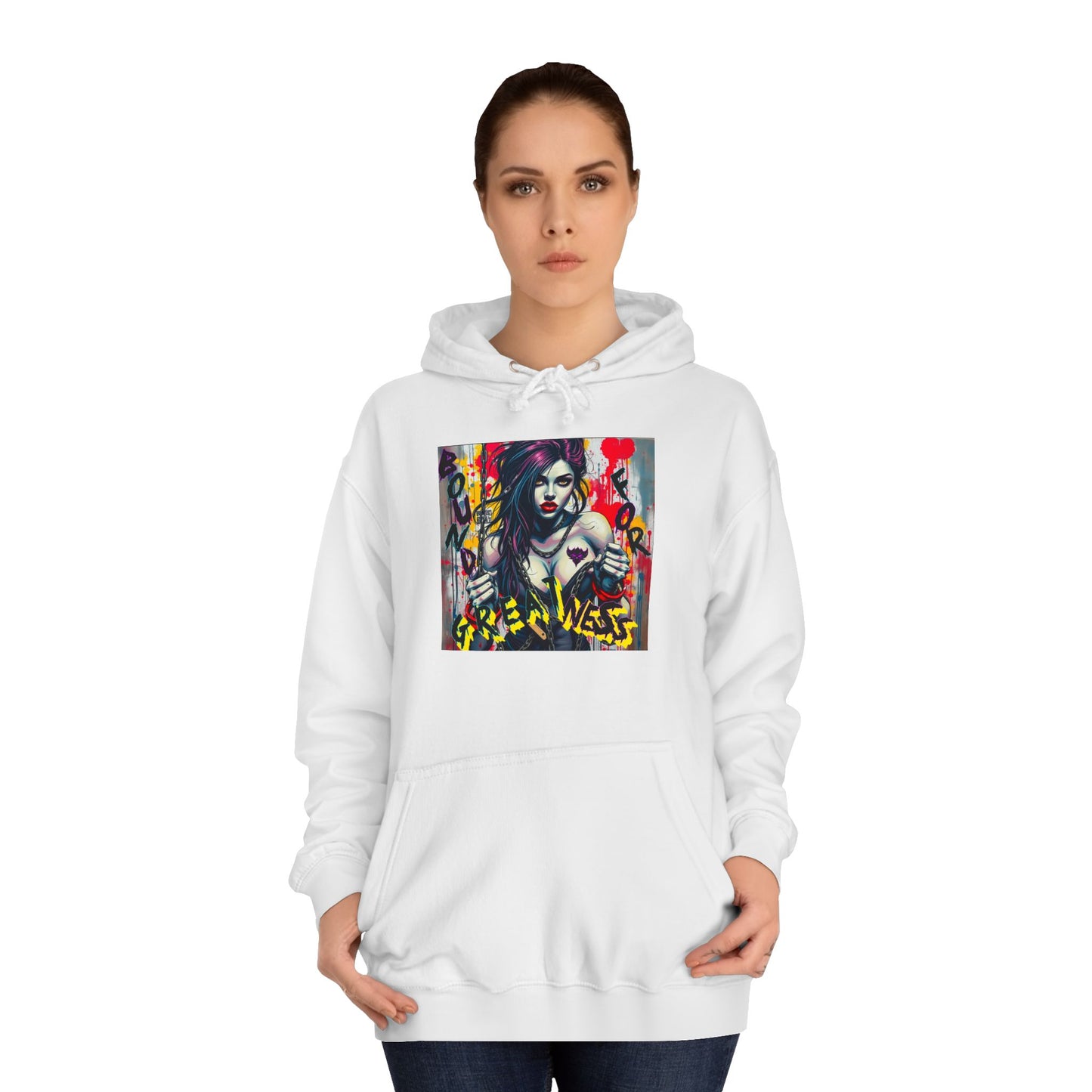 "Bound for Greatness" Artistic Unisex College Hoodie – Vibrant Design for Creative Souls