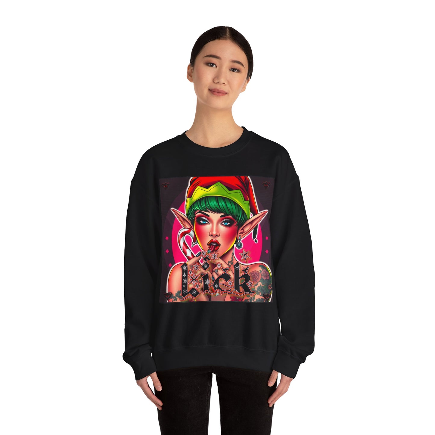 "Lick" Enchanting Elf Graphic Crewneck Sweatshirt - Unisex Heavy Blend for Festive Vibes