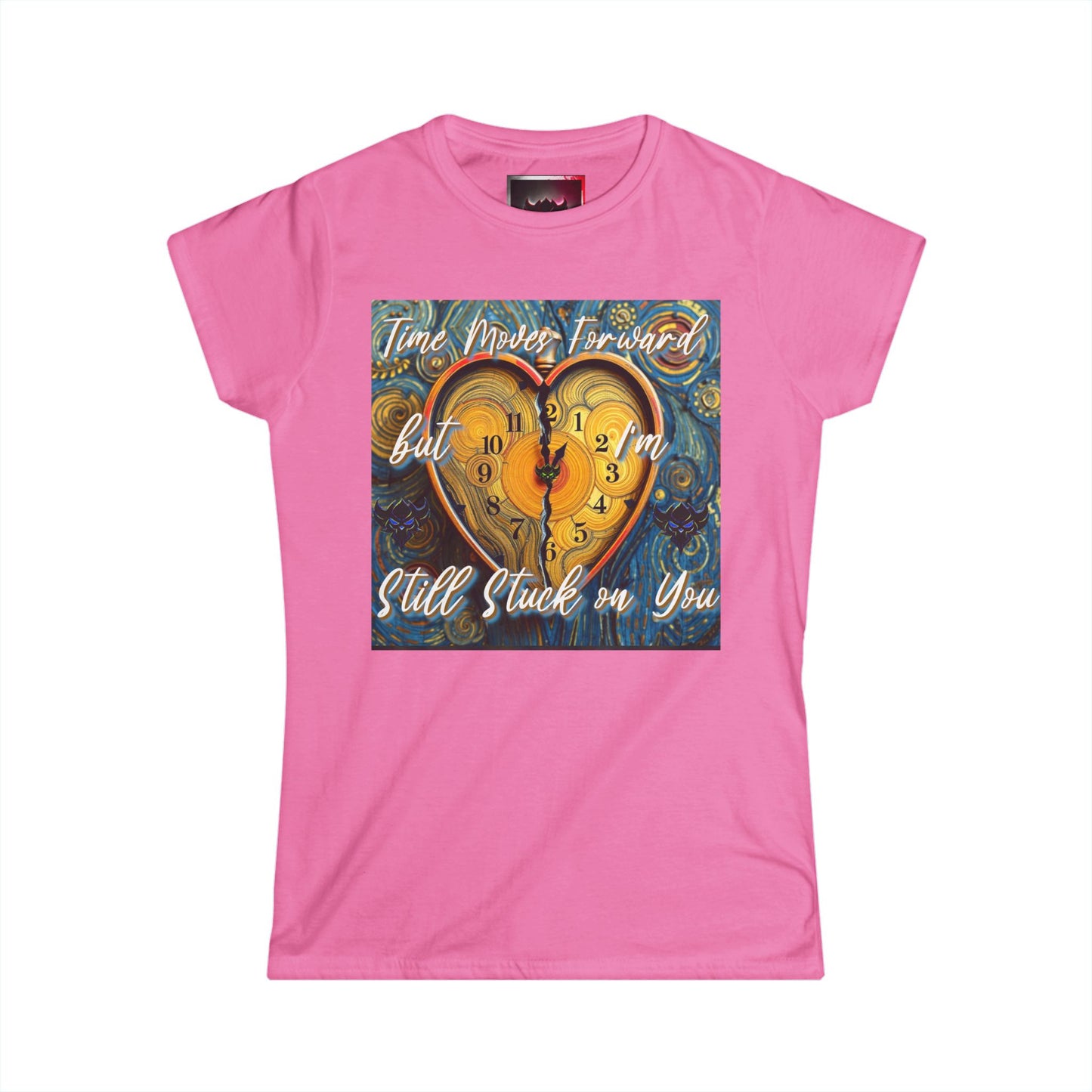 Romantic Heart Clock Women's Softstyle Tee - 'Time Moves Forward, But I'm Still Stuck on You'