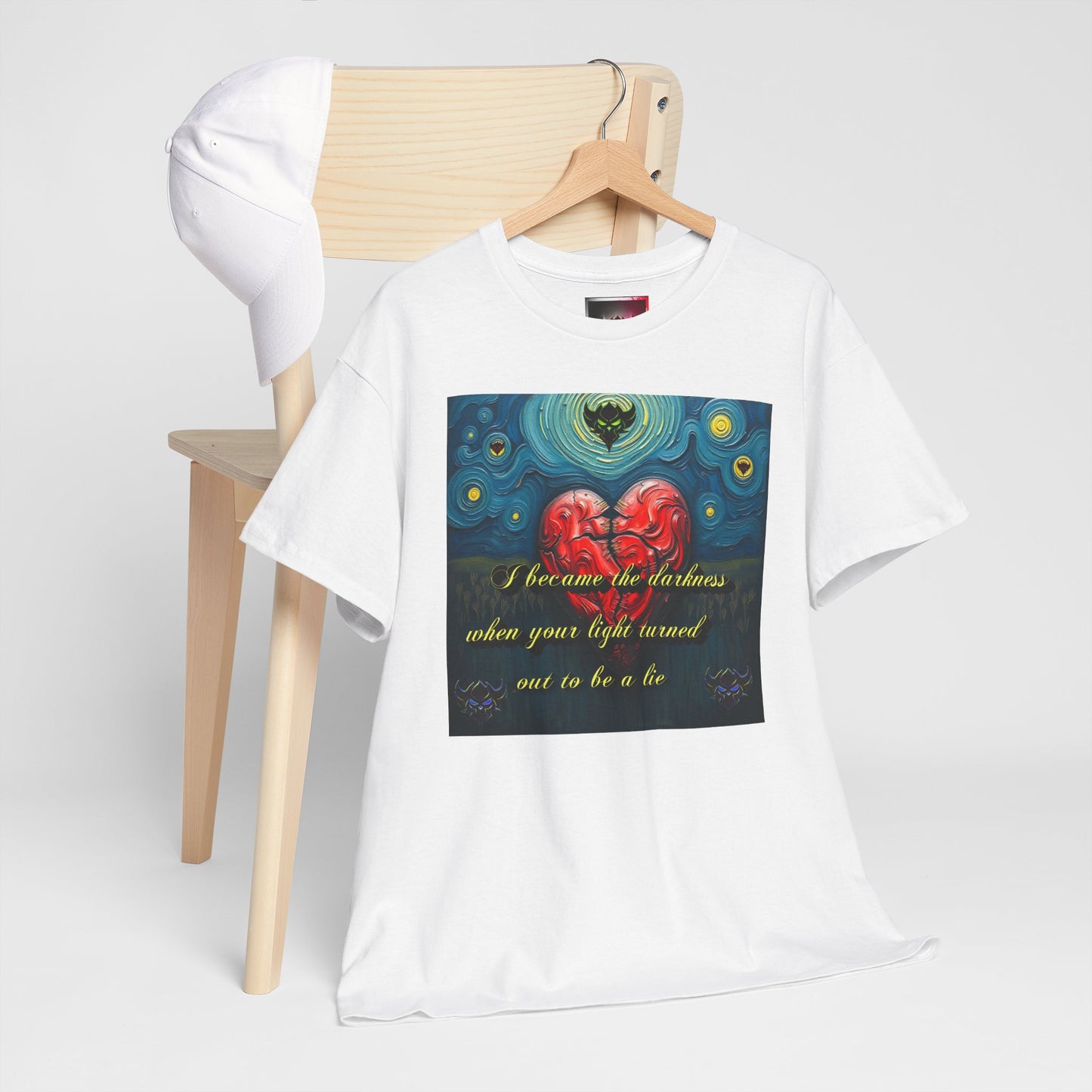 Inspiring Unisex Heavy Cotton Tee - "I Became the Darkness When Your Light Turned Out to Be a Lie" Design