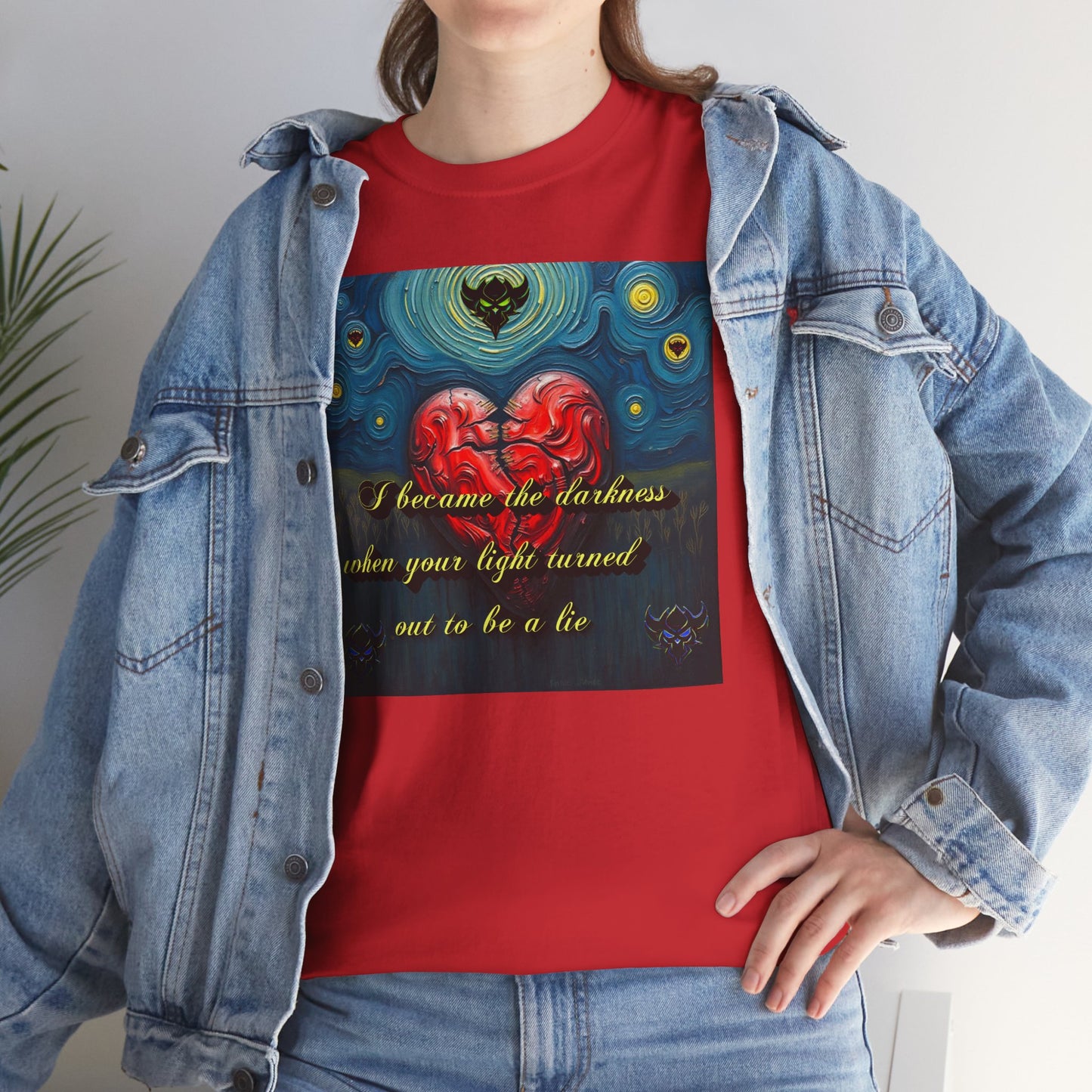 Inspiring Unisex Heavy Cotton Tee - "I Became the Darkness When Your Light Turned Out to Be a Lie" Design