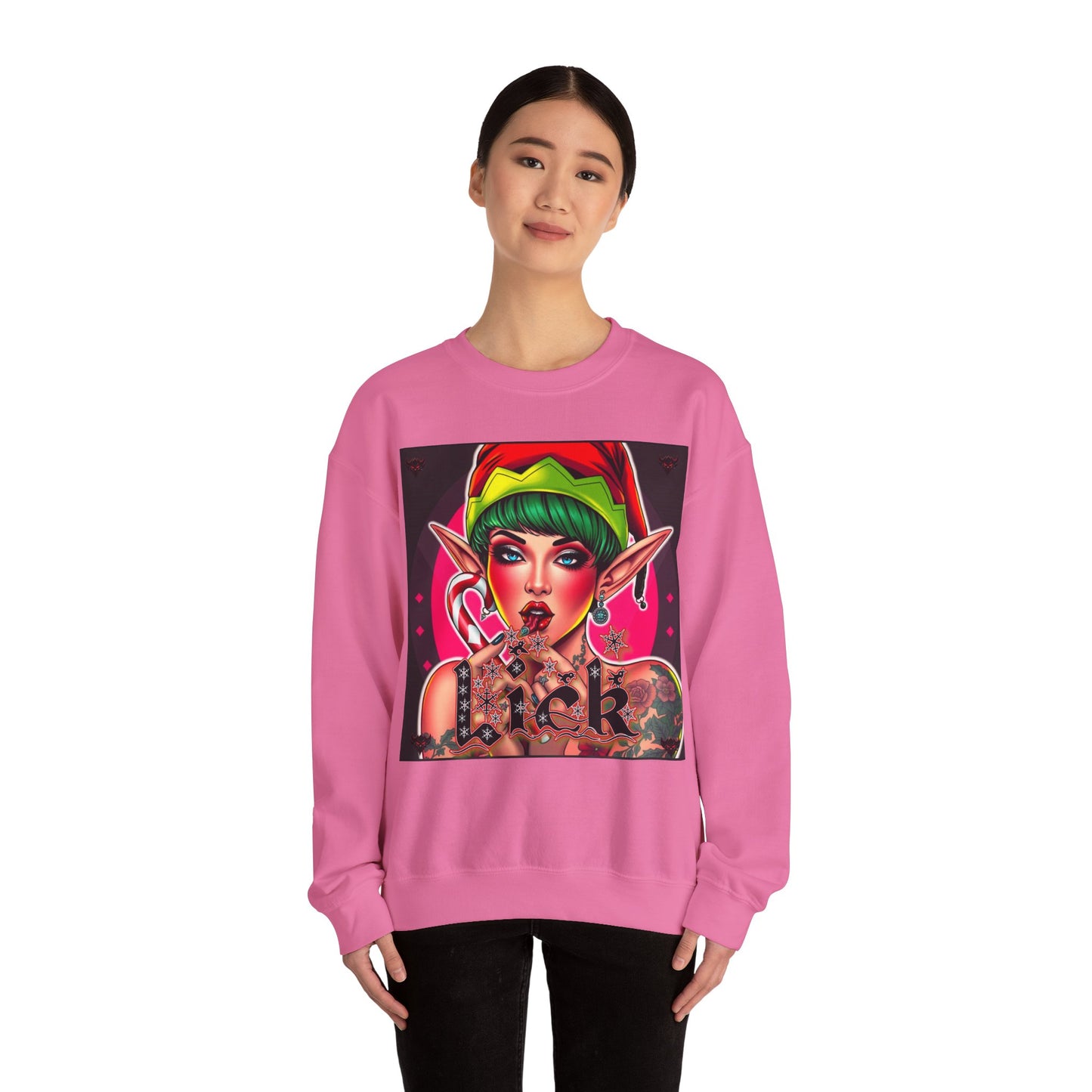 "Lick" Enchanting Elf Graphic Crewneck Sweatshirt - Unisex Heavy Blend for Festive Vibes