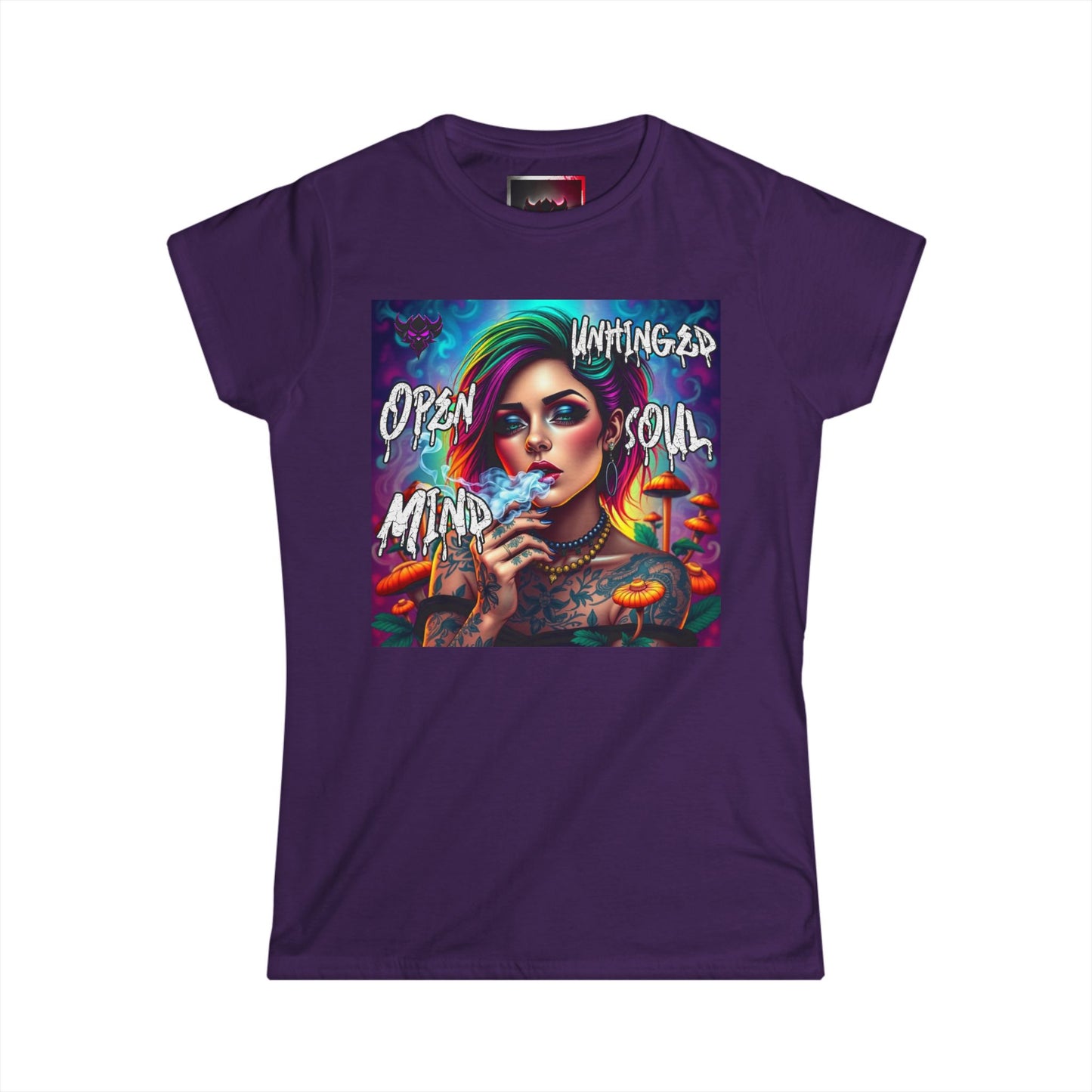 "Open Mind Unhinged Soul" Women's Softstyle Tee - Colorful Tattoo Art T-Shirt