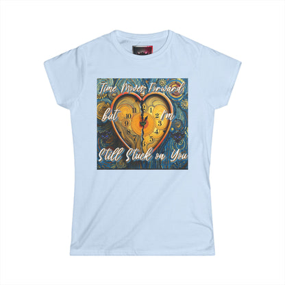 Romantic Heart Clock Women's Softstyle Tee - 'Time Moves Forward, But I'm Still Stuck on You'