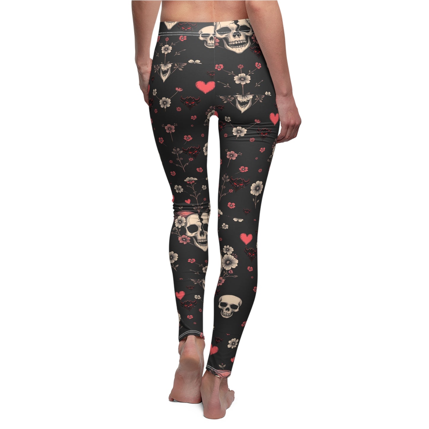 "Dead Love" Gothic Floral Leggings for Women - Skull & Heart Design