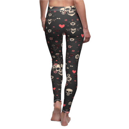 "Dead Love" Gothic Floral Leggings for Women - Skull & Heart Design