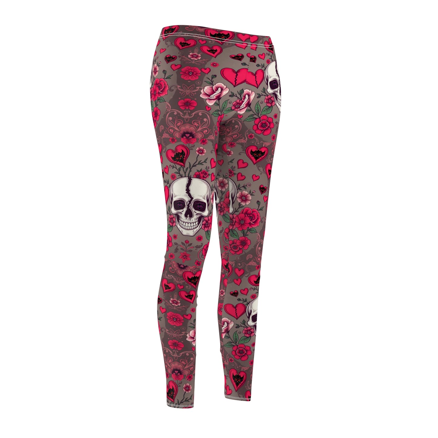 Skull & Roses Casual Leggings for Women - Gothic Floral Pattern