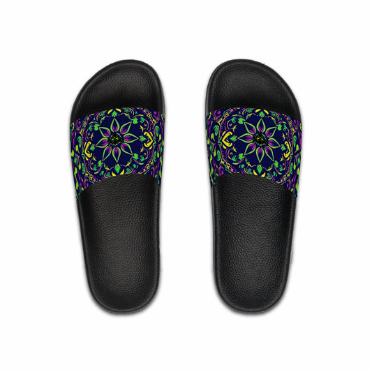 Vibrant "Ungodly Apparel Purple and Green Paisley" Men's Slide Sandals with Colorful Mandala Print