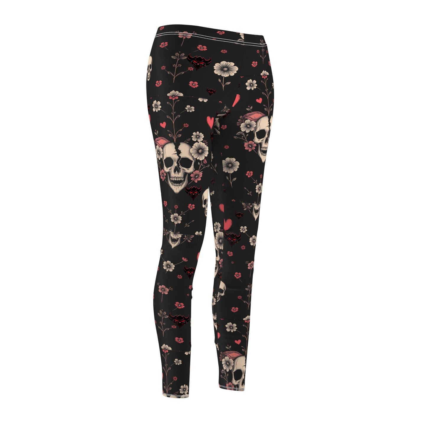 "Dead Love" Gothic Floral Leggings for Women - Skull & Heart Design