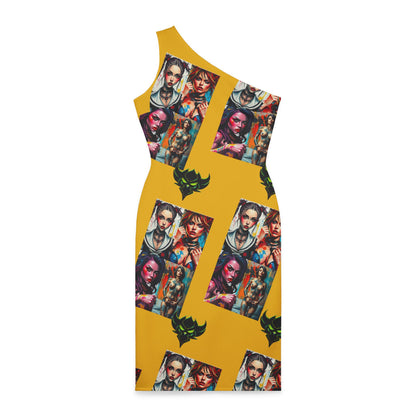 "Fetish" Artistic One-Shoulder Dress with Bold Graphics - Perfect for Summer Outings and Special Events