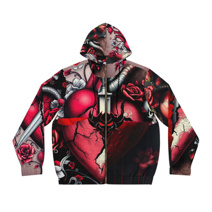 "Tangled Hearts" Gothic Heart Design Men's Full-Zip Hoodie - Perfect for Halloween & Bold Style