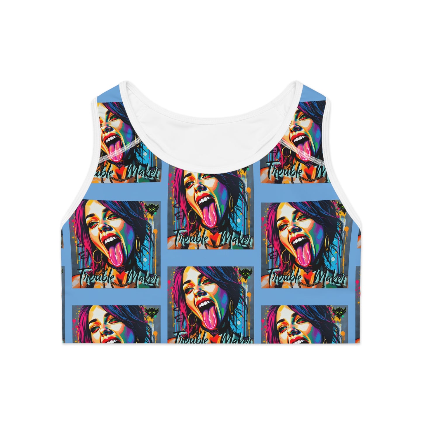 Vibrant Graphic Sports Bra - 'Trouble Maker' Design for Active Lifestyle