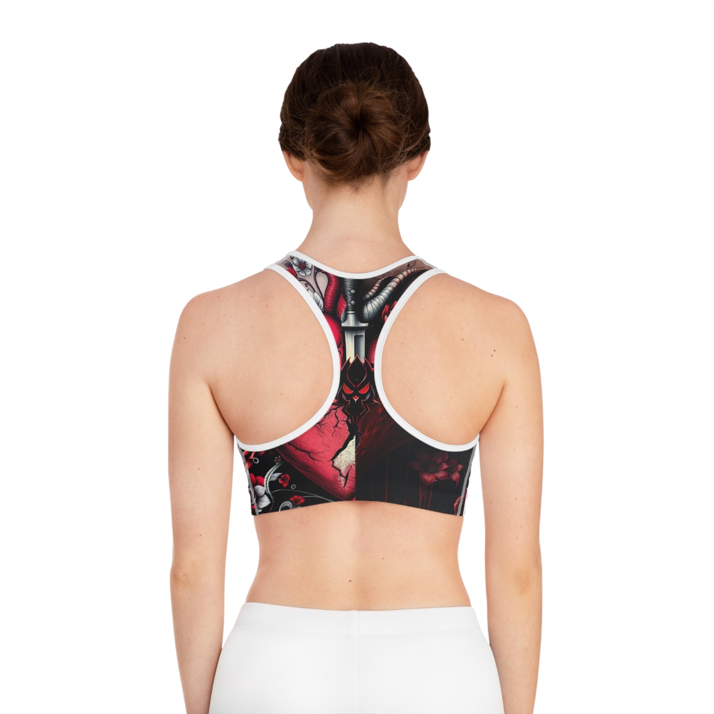 "Tangled Hearts" Gothic Floral Sports Bra - Edgy Fitness Apparel with Heart & Skull Design