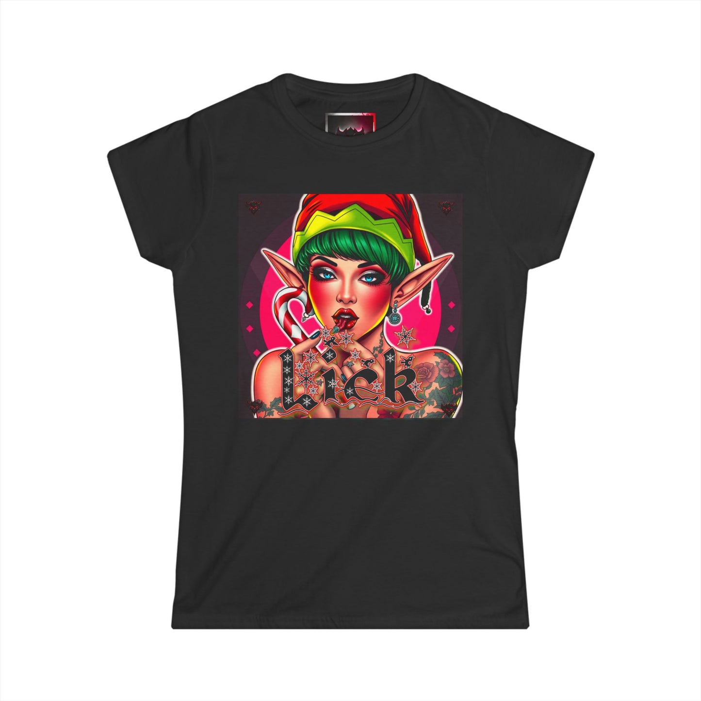 Candy Cane "Lick" Elf pinup -Women's Softstyle T-Shirt- Fun Holiday Elf Design