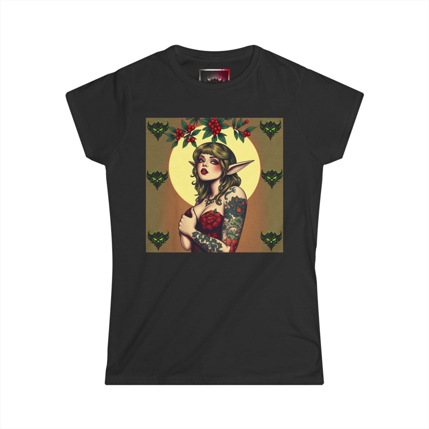 Vintage Green Mistletoe Elf- Women's Softstyle Tee- Boho Chic Graphic T-Shirt