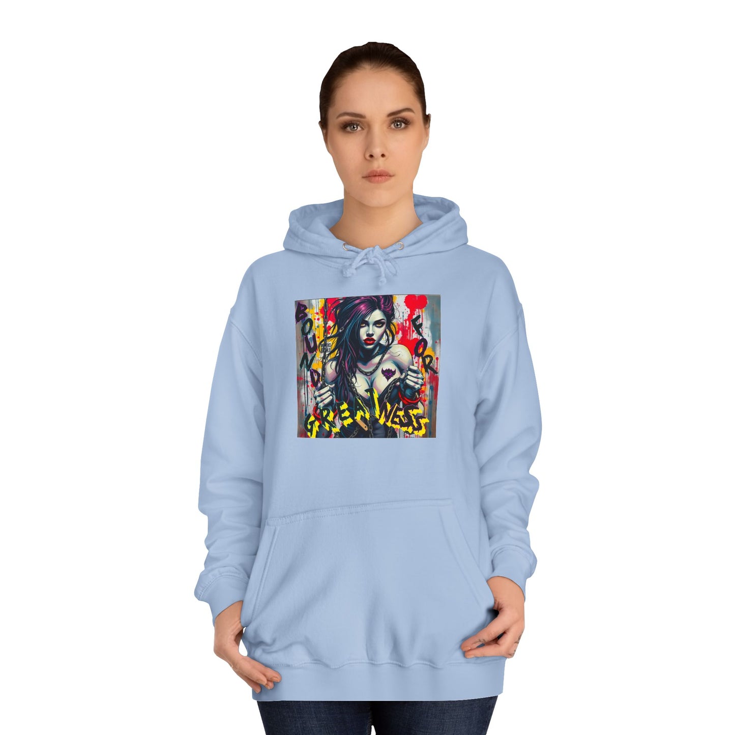 "Bound for Greatness" Artistic Unisex College Hoodie – Vibrant Design for Creative Souls