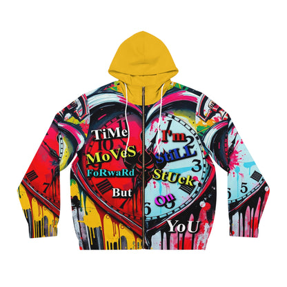 Colorful Artistic Men's Full-Zip Hoodie - "Time Moves Forward But I'm Still Stuck on You"