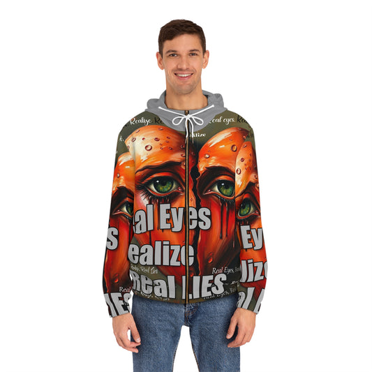 Men's Full-Zip Hoodie - Artful Statement Hoodie with 'Real Eyes Realize Real Lies' Design