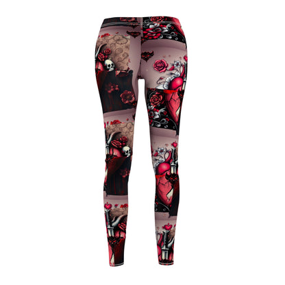 "Tangled Hearts" Gothic Floral Leggings - Stylish Black & Red Casual Leggings for Women