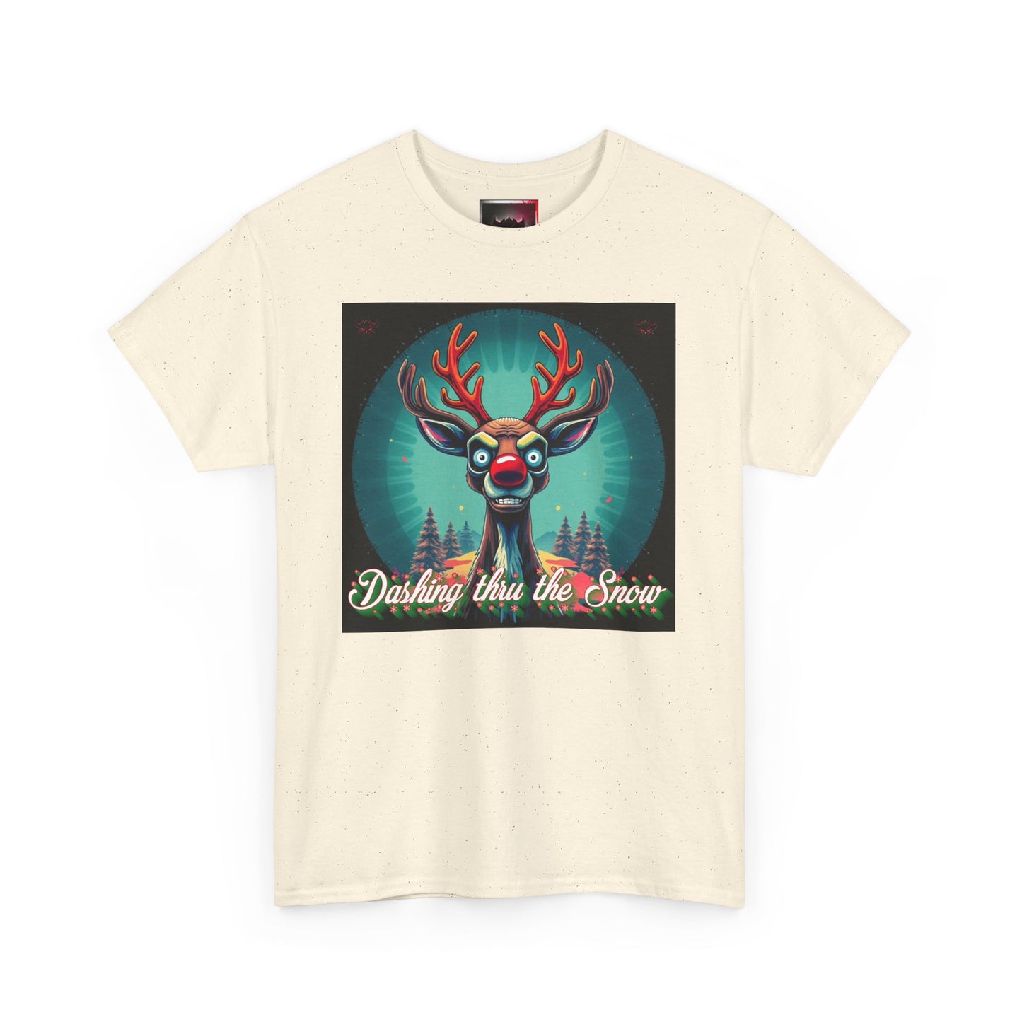 Dashing Thru the Snow Unisex Heavy Cotton T-Shirt- Fun Holiday Rudolph the Red Nose Reindeer Graphic Shirt