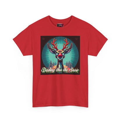 Dashing Thru the Snow Unisex Heavy Cotton T-Shirt- Fun Holiday Rudolph the Red Nose Reindeer Graphic Shirt