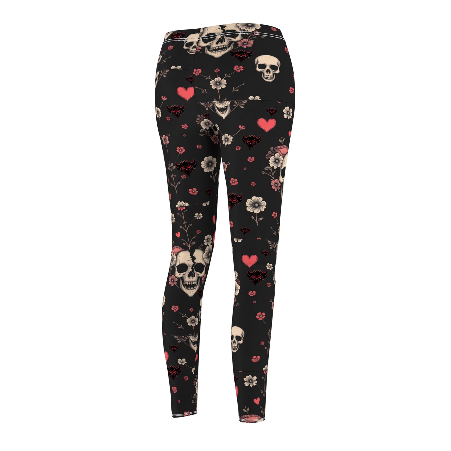 "Dead Love" Gothic Floral Leggings for Women - Skull & Heart Design