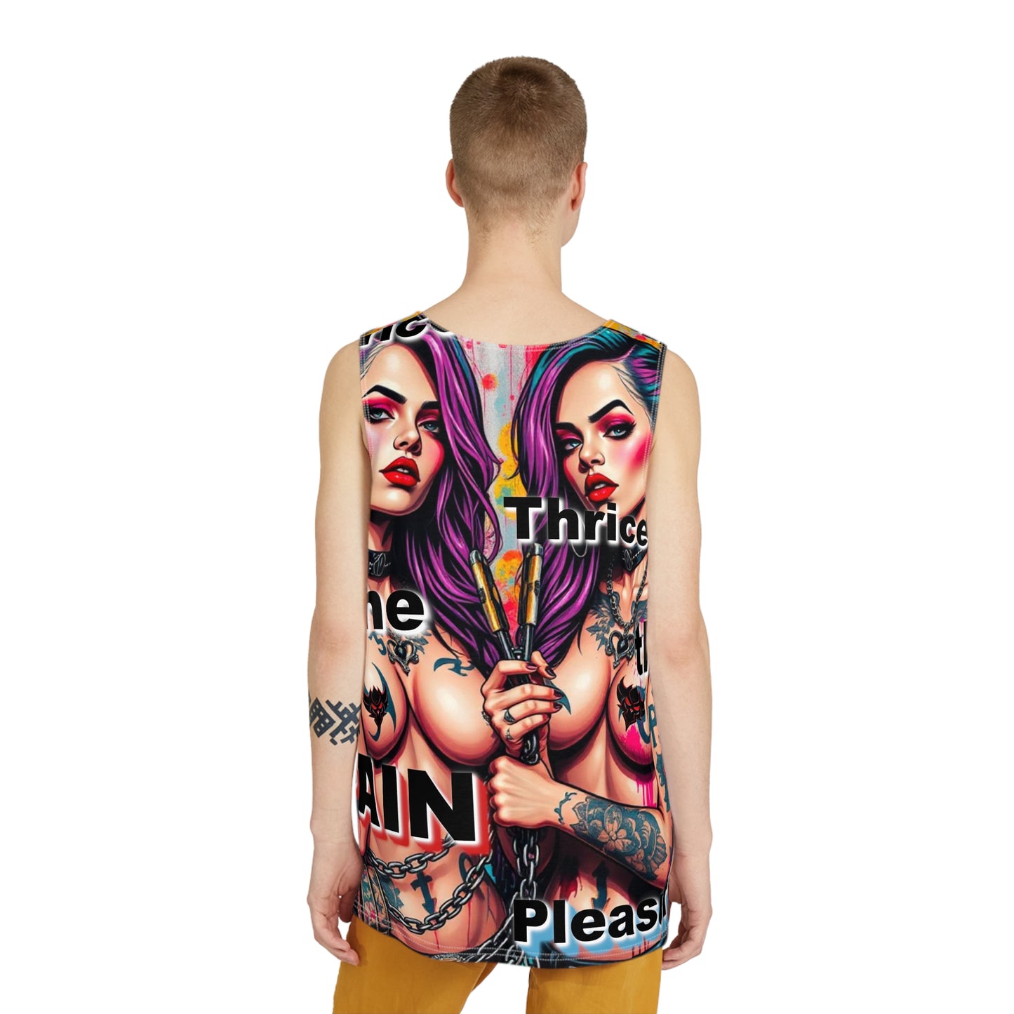 "Thrice the Pain, Thrice the Pleasure" Bold Graphic Men's Tank Top: Tattooed Style for Hot Summer Days