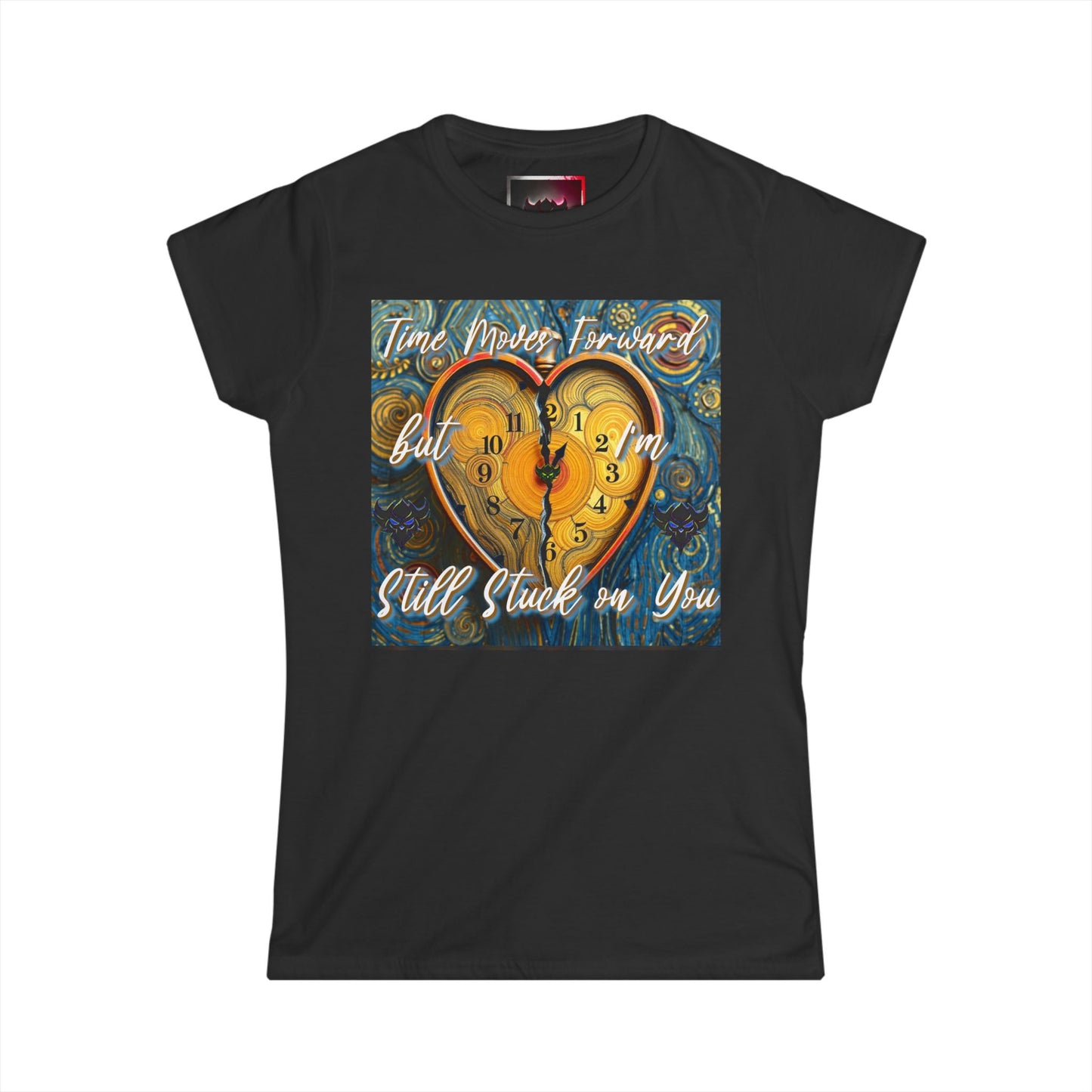 Romantic Heart Clock Women's Softstyle Tee - 'Time Moves Forward, But I'm Still Stuck on You'