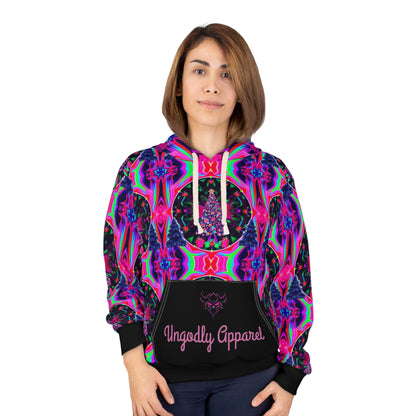 Vibrant Psychedelic Christmas Tree Unisex Pullover Hoodie | Ungodly Apparel | Perfect for Festivals & Everyday Style