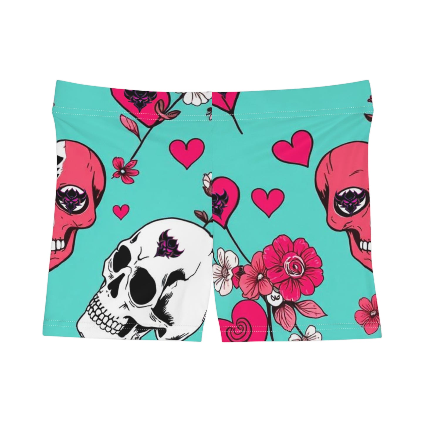 Vibrant Skull & Heart Print Women's Shorts - Floral Heart Design for Festivals & Everyday Wear