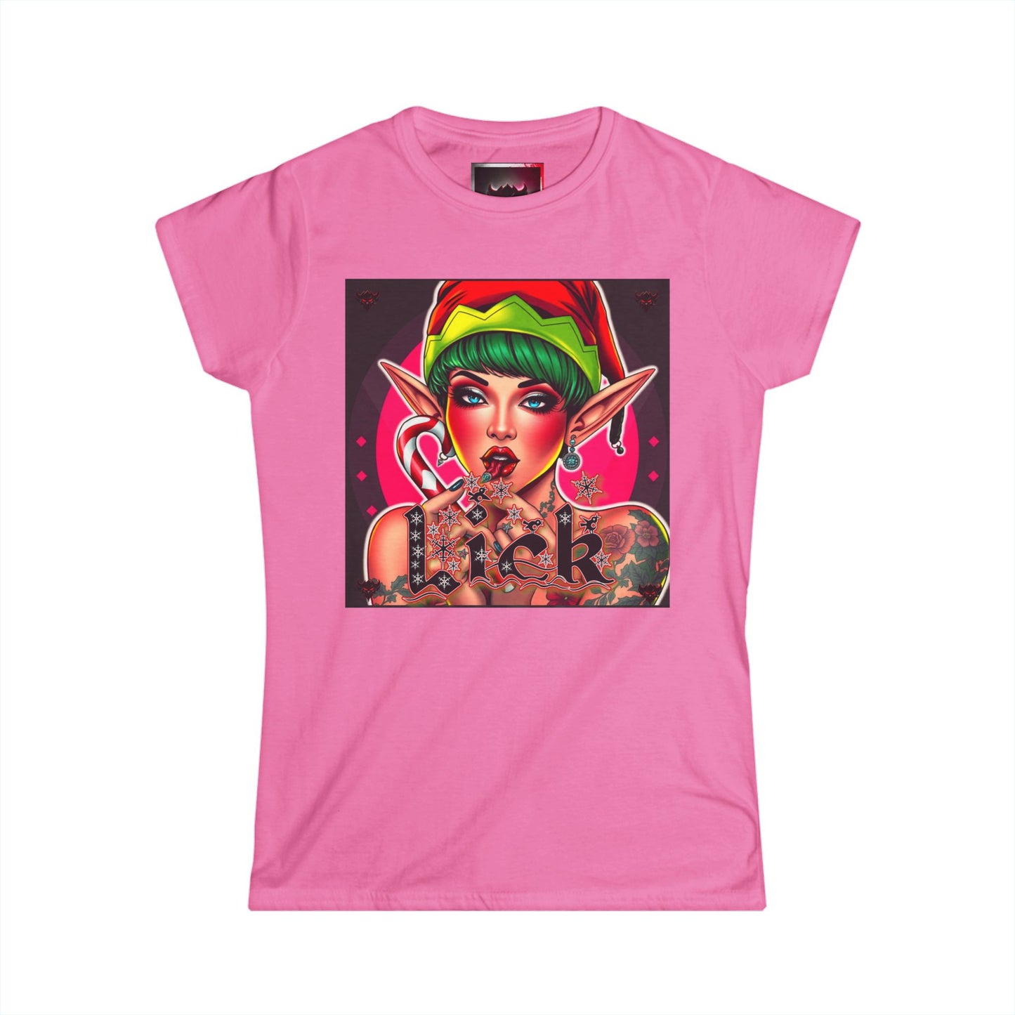 Candy Cane "Lick" Elf pinup -Women's Softstyle T-Shirt- Fun Holiday Elf Design