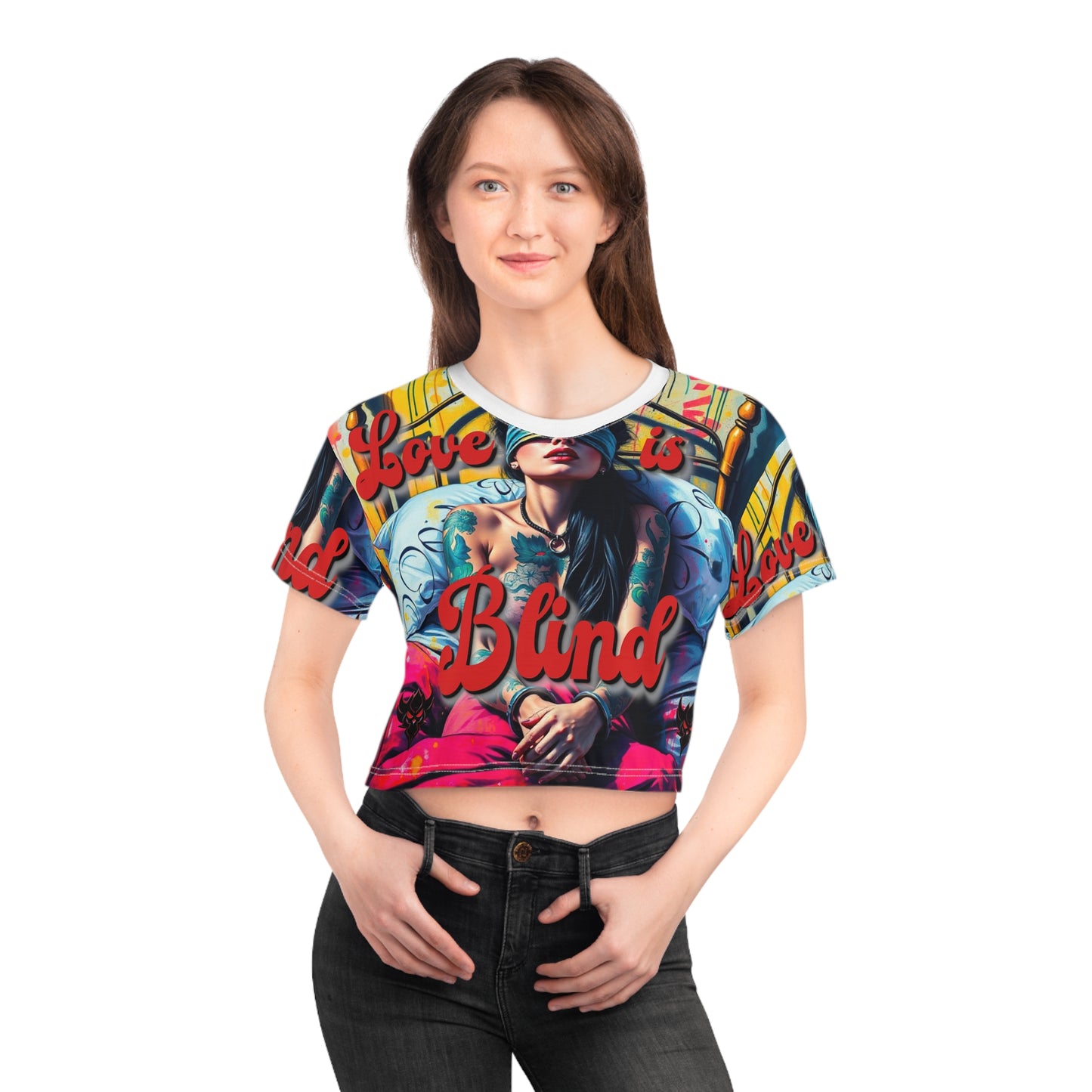 Vibrant "Love is Blind" Crop Tee - Edgy Graphic Top for Fashion-Forward Souls