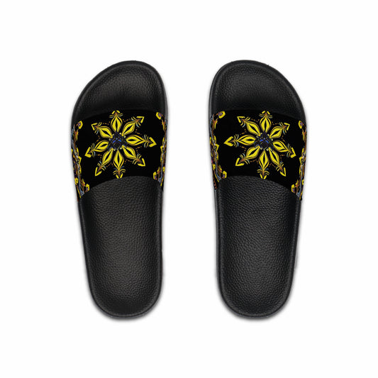 Stylish Men’s Slide Sandals with Unique Black and Yellow Paisley Design