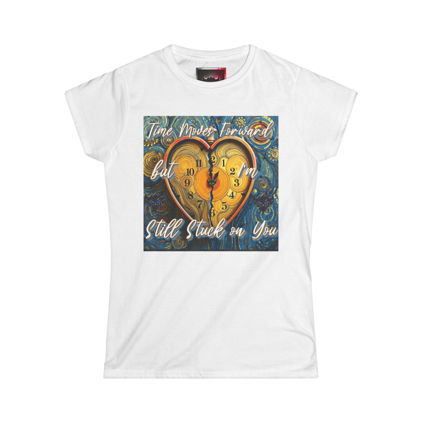 Romantic Heart Clock Women's Softstyle Tee - 'Time Moves Forward, But I'm Still Stuck on You'