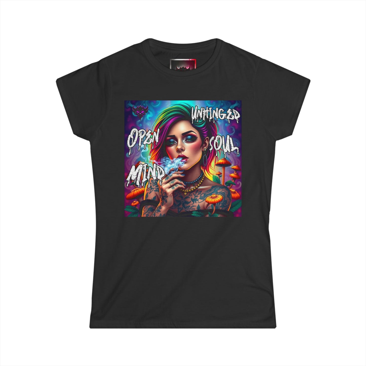 "Open Mind Unhinged Soul" Women's Softstyle Tee - Colorful Tattoo Art T-Shirt