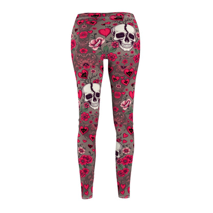 Skull & Roses Casual Leggings for Women - Gothic Floral Pattern