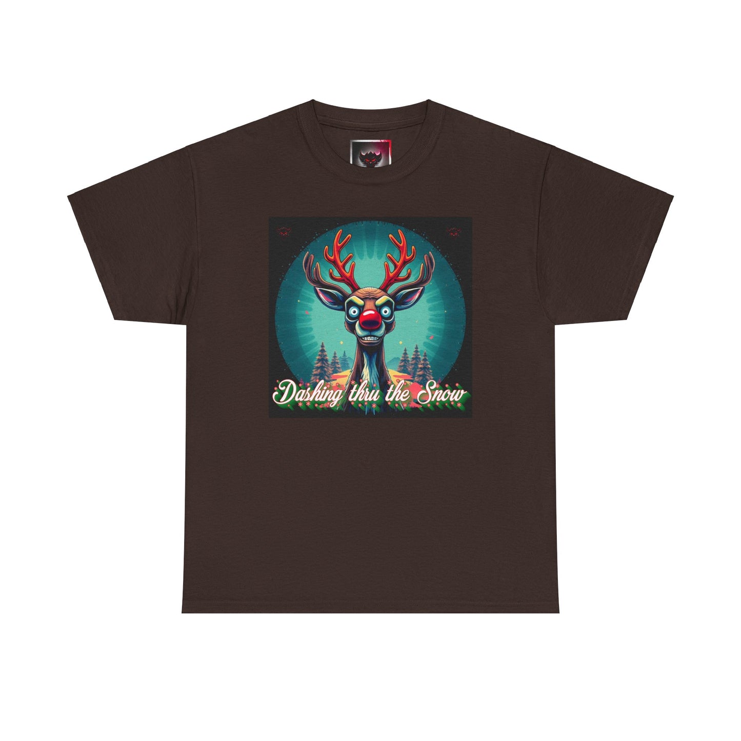 Dashing Thru the Snow Unisex Heavy Cotton T-Shirt- Fun Holiday Rudolph the Red Nose Reindeer Graphic Shirt