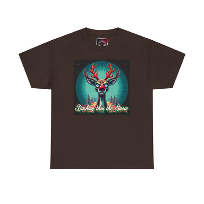 Dashing Thru the Snow Unisex Heavy Cotton T-Shirt- Fun Holiday Rudolph the Red Nose Reindeer Graphic Shirt