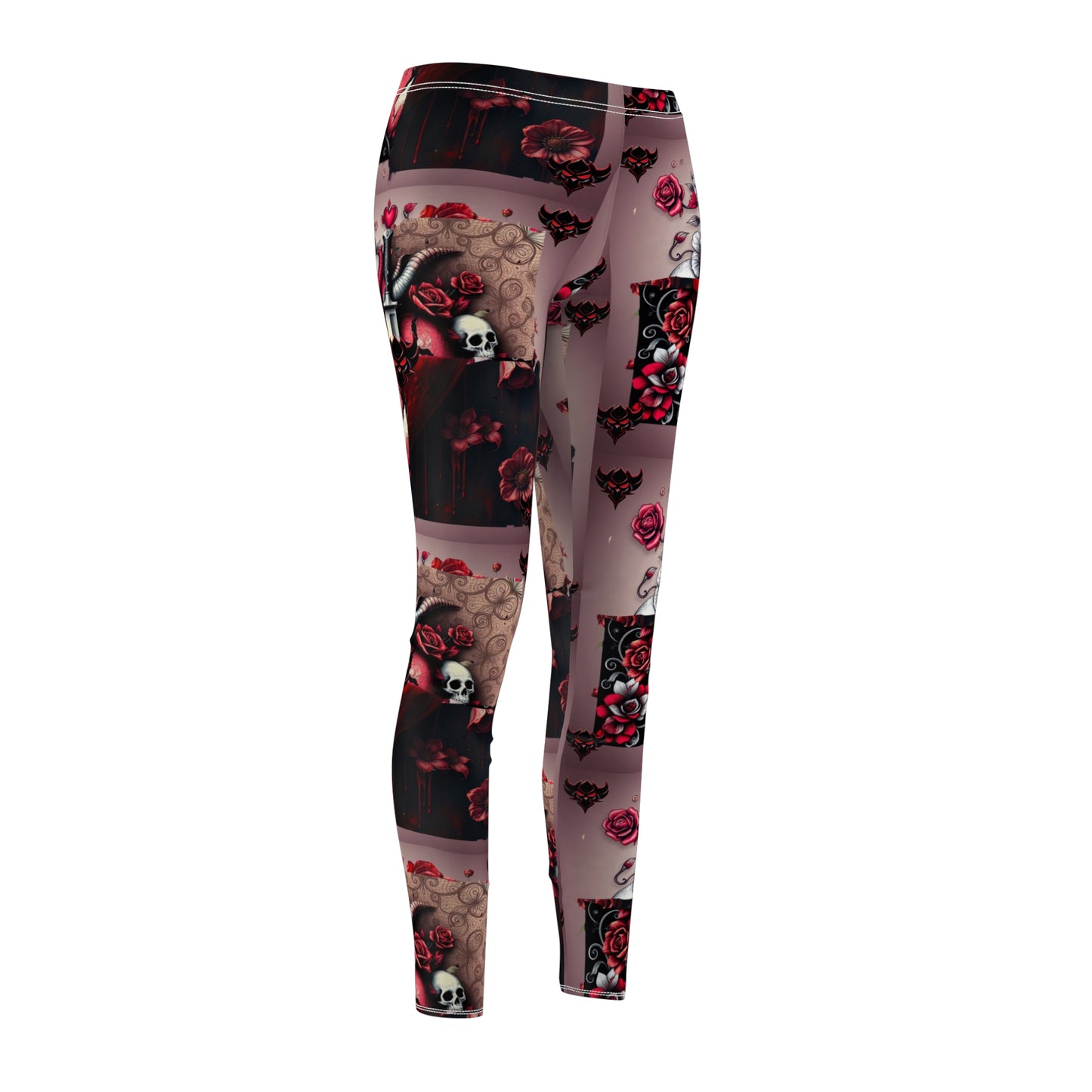 "Tangled Hearts" Gothic Floral Leggings - Stylish Black & Red Casual Leggings for Women