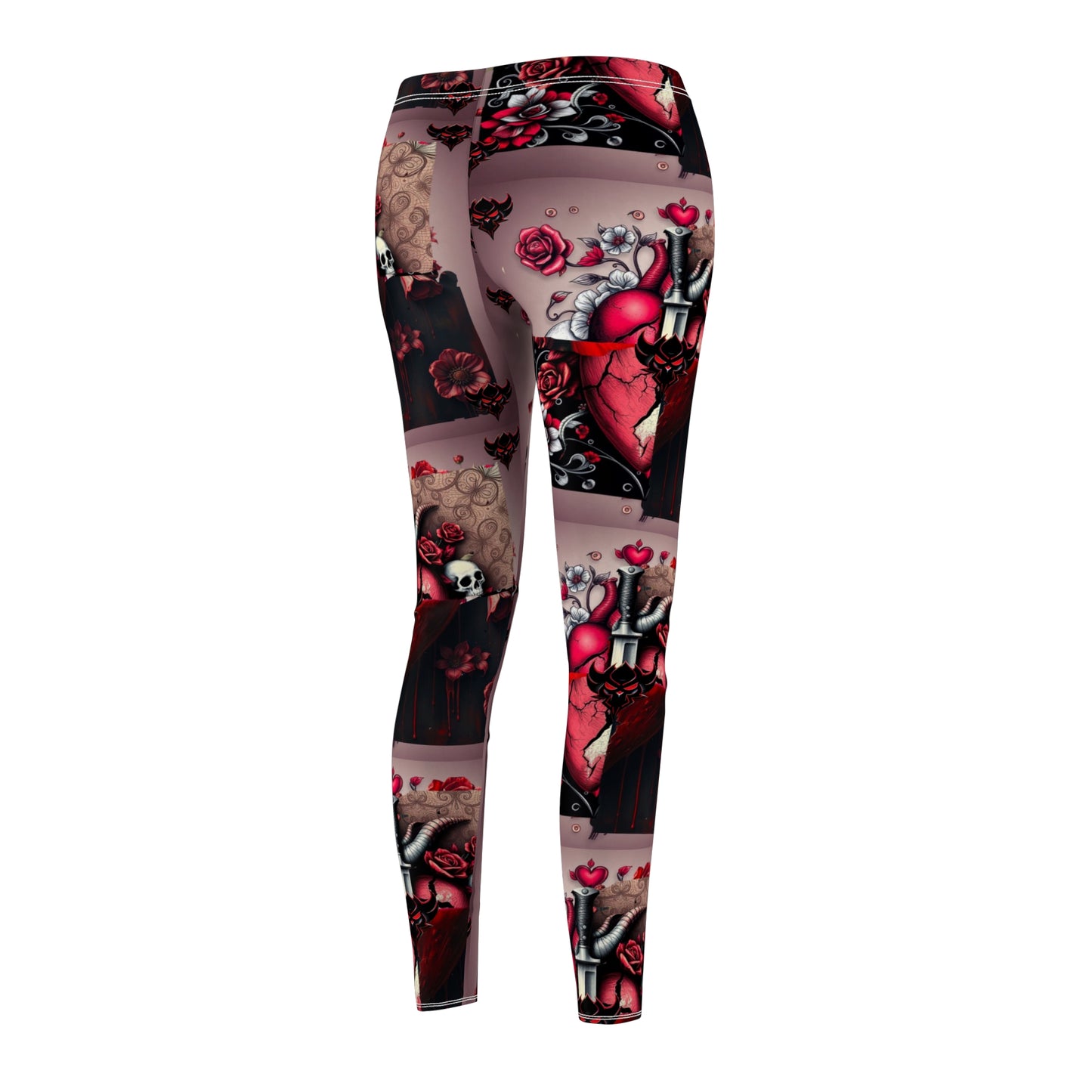 "Tangled Hearts" Gothic Floral Leggings - Stylish Black & Red Casual Leggings for Women