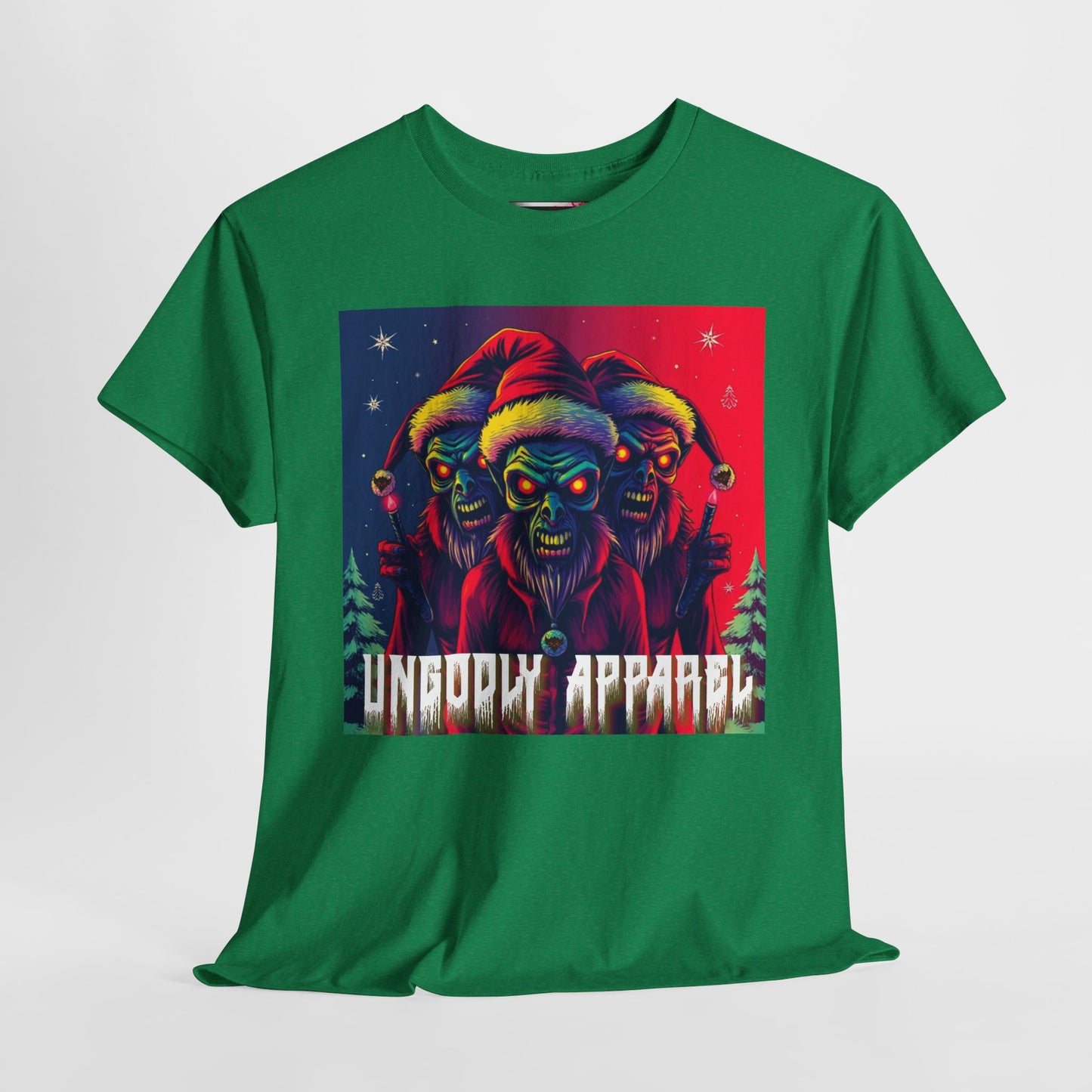 Unisex Heavy Cotton T-Shirt - Zombie Holiday Elves Graphic Tee for Casual Wear