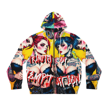 "Trinity of Temptation" Men's Full-Zip Hoodie - Bold Graphic Print Comfortable Wear