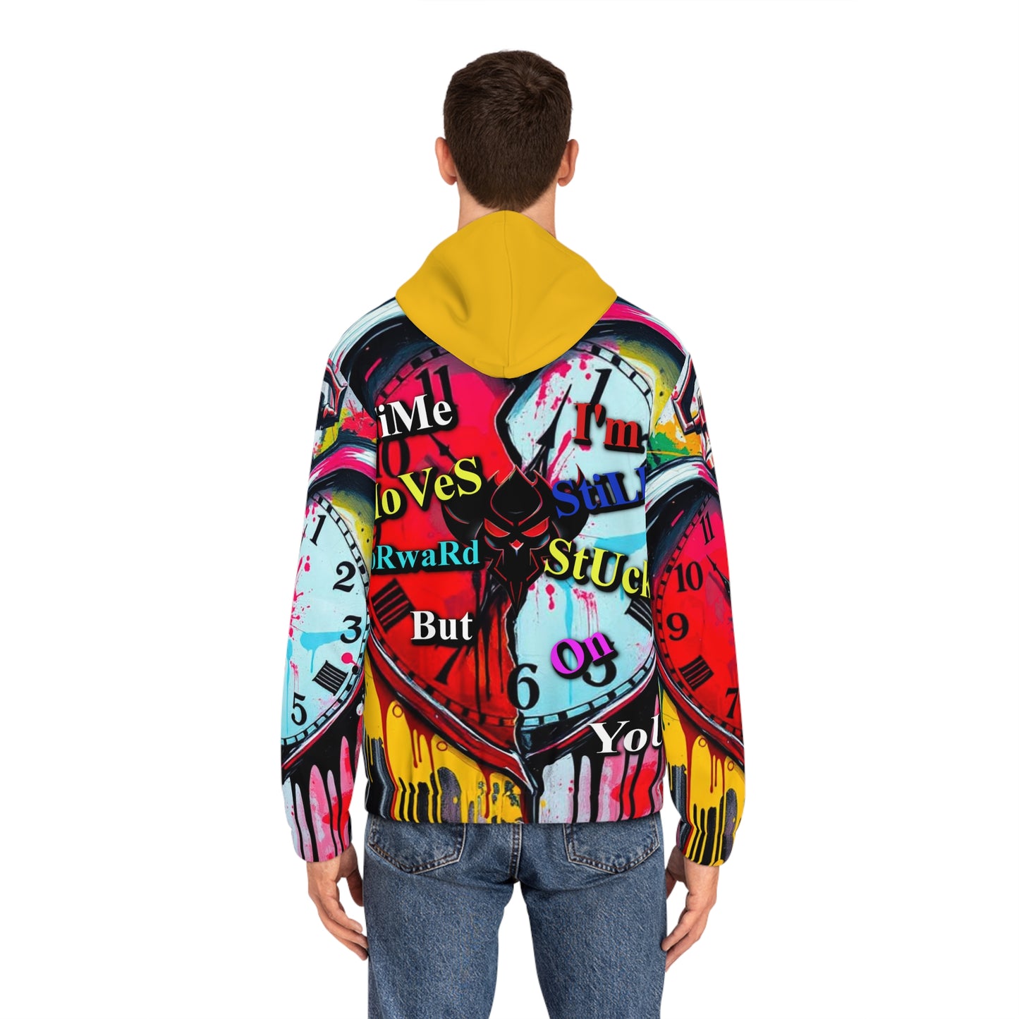 Colorful Artistic Men's Full-Zip Hoodie - "Time Moves Forward But I'm Still Stuck on You"