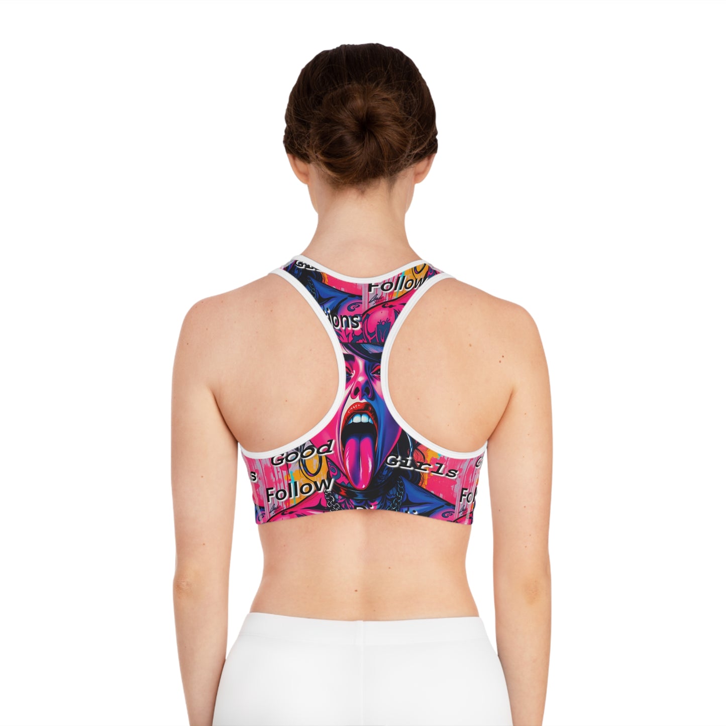 Bold Graphic Sports Bra for Active Women - "Good Girls Follow Directions" Design