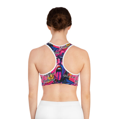 Bold Graphic Sports Bra for Active Women - "Good Girls Follow Directions" Design