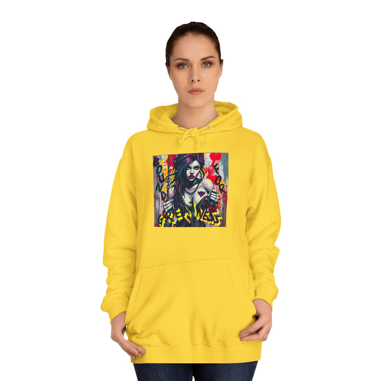 "Bound for Greatness" Artistic Unisex College Hoodie – Vibrant Design for Creative Souls