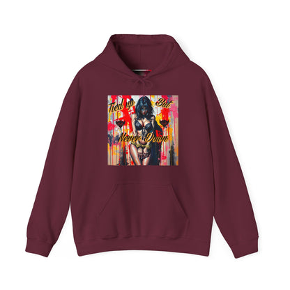 Graphic Hoodie - 'Tied Up But Never Down' Design - Edgy Unisex Heavy Blend Sweatshirt